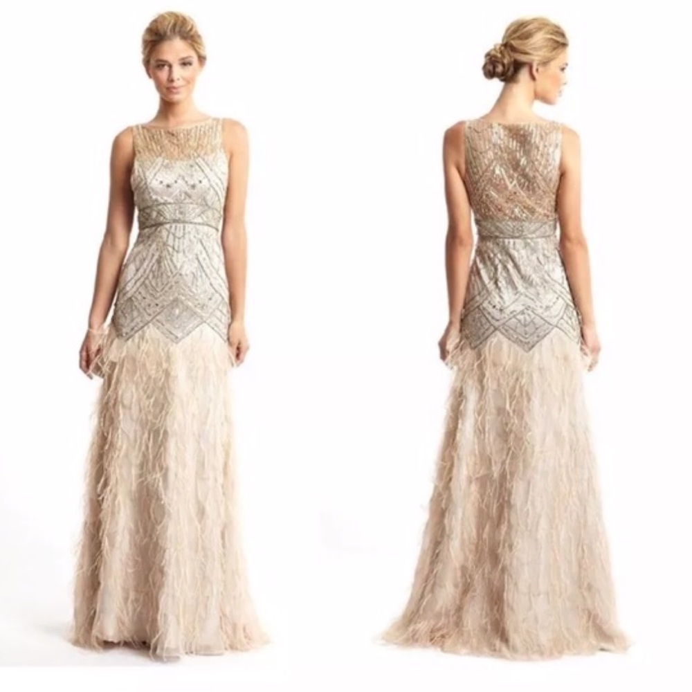 NWT Sue Wong ostrich feather champagne gown.